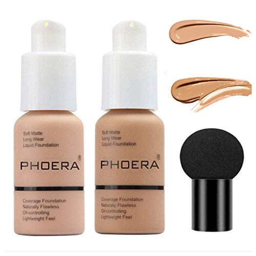 2 Colors PHOERA Liquid Foundation,Matte Full Coverage Foundation Makeup with Mushroom Head Applicator, Oil Control Flawless Concealer Cover Facial Blemish Foundation Makeup for Women (104# and 105#)