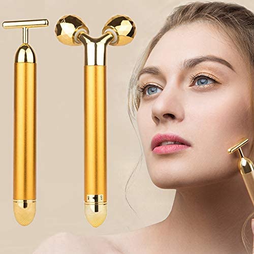 2-in-1 Face Massager Roller, 24k Facial Golden Pulse Electric 3D Roller and T Shape Arm Eye Nose Head Massager Instant Face Lift,Anti-Wrinkles,Skin Tightening,Face Firming