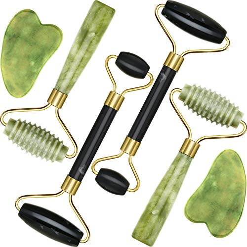 4 Pack Jade Roller Facial Ridged Roller Kits Skin Roller with 2 Pieces Gua Sha Scraping Massage Tools Anti Aging and Wrinkles for Face, Eye, Neck, Body for Lymphatic Massage (Style A)