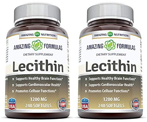 Amazing Formulas Lecithin Dietary Supplement * 1200 mg High Potency Lecithin Softgels (Non-GMO) * Promotes Brain & Cardiovascular Health * Aids in Cellular Activities * 240 Softgels (Pack of 2)