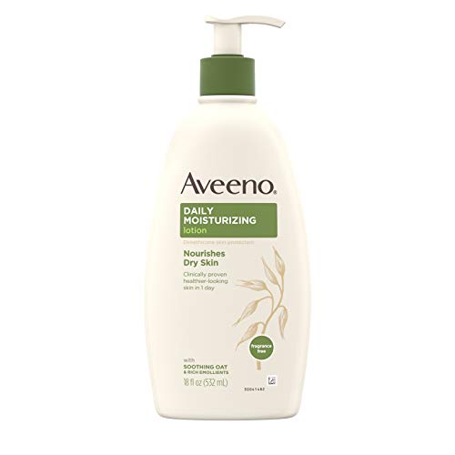 Aveeno Daily Moisturizing Body Lotion with Soothing Oat and Rich Emollients to Nourish Dry Skin, Gentle & Fragrance-Free Lotion is Non-Greasy & Non-Comedogenic, 18 fl. oz