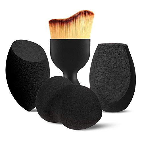 BEAKEY 3+1 Pcs Makeup Sponges with Kabuki Contour Brush, Beauty Sponge Blenders with 3 Shapes for Liquid Foundation, Cream and Powder (3 Sponges+ 1 Contour Brush)