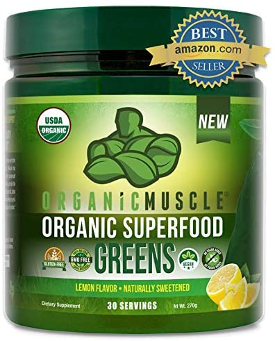 Certified Organic Superfood Greens Powder | #1 Green Juice Supplement for Energy, Detox, Immune & Gut Health w/Pre & Probiotic Blend | Vegan, Keto, Non-GMO, Lemon Flavor, 30 Serv | ORGANIC MUSCLE