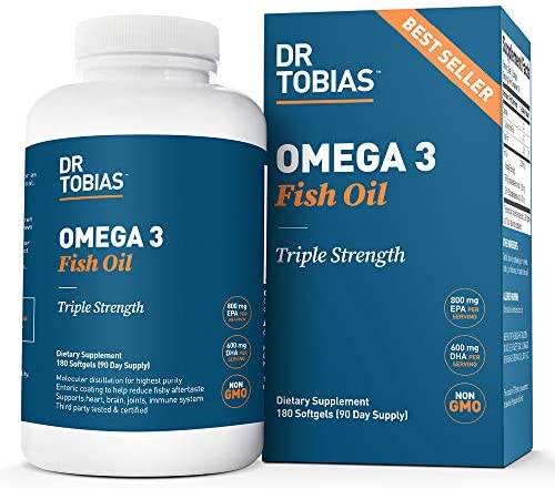 Dr Tobias Omega 3 Fish Oil Triple Strength, 2,000mg, Burpless, Non-GMO, NSF-Certified (180 Softgels)