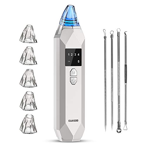 EUASOO Blackhead Remover Vacuum Facial Pore Cleanser Electric Acne Comedone Extractor Kit USB Rechargeable Blackhead Suction Tool with 3 Skin Repair Lamps, 5 Probes, 5 Suction Power for Skin Treatment