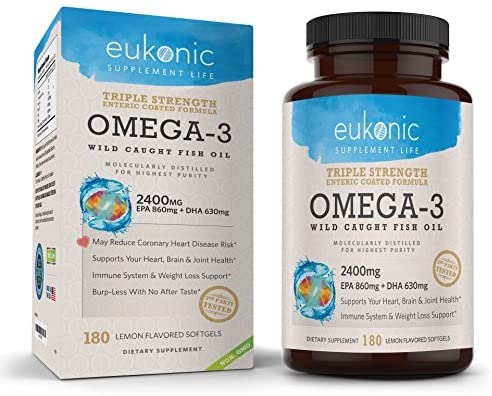 Eukonic Omega-3 Wild Caught Fish Oil 2400 mg, Triple Strength EPA 860 mg + DHA 630 mg, 180 Softgels, Lemon Flavored, Burpless, Enteric Coated