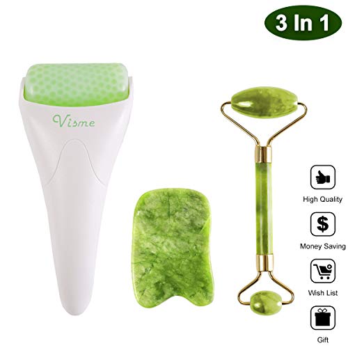 Face Ficial Jade Ice Roller – Natural 100% Real Jade Roller Anti Wrinkle Gua Sha Tool With Cooling Ice Roller for Face & Eye Puffiness Migraine Pain Relief Facial Massager Treatment Gift for Women