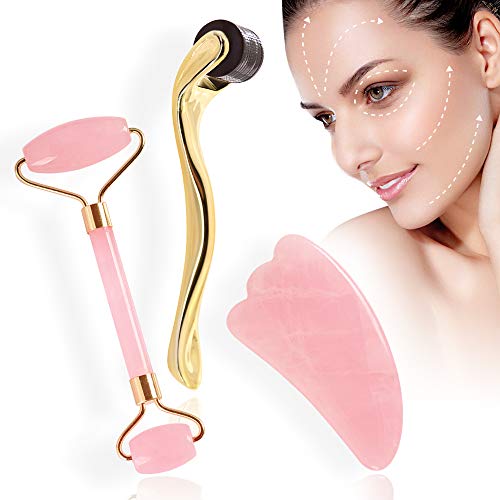 Jade Face Roller,Gua Sha Massager and Microneedle Derma Roller Facial Tool Set Natural Rose Quartz for Anti Aging Eye Puffiness Wrinkles and Firming Face Eyes Neck Body Treatment Skin Care Tool Kit