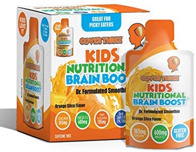 Kids Nutritional Brain Supplement - Boost Child Memory, Focus, Calmness - Support Brain, Immune, Vision, Heart Health - Omega Fish Oil DHA, Vitamin C, Turmeric, Resveratrol - Liquid Squeeze Pouch