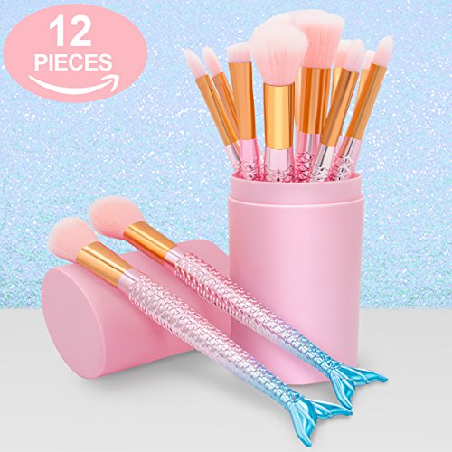 Makeup Brushes Set- Cosmetic Conceler Brushes Kit Tool 12PCS Make Up Foundation Eyebrow Eyeliner Blush Concealer Brushes Pink Mermaid Colorful (pink)