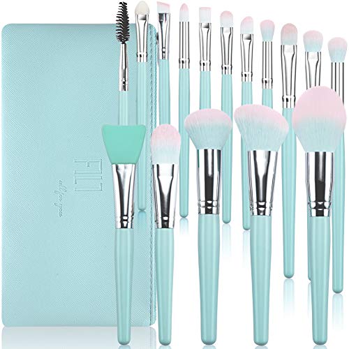 Makeup Brushes Set DUAIU 16Pcs Premium Synthetic Make up Brushes Blue Wooden Handle for Foundation Concealers Blush Eyeshadow Eyebrow Professional Make Up Brush Kits with Cosmetic Bag