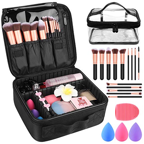 Makeup Travel Case, Makeup Case with DIY Adjustable Divider Cosmetic Train Bag 10.3" Organizer Perfect Set Contain 14pcs Premium Makeup Brushes 3 pcs Makeup Sponge Travel Bag Makeup Brush Cleaner