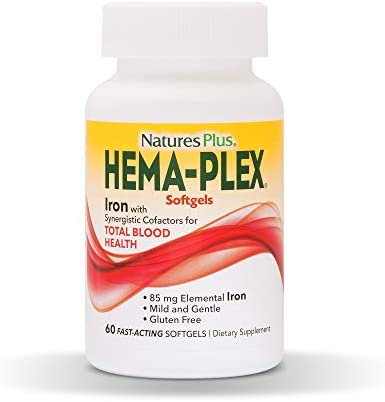 NaturesPlus Hema-Plex Softgels - 85 mg Elemental Iron,60 Count (Pack of 1) Softgels - Fast Acting Supplement For Total Blood Health - Gentle Formula - Gluten-Free - 20 Total Servings