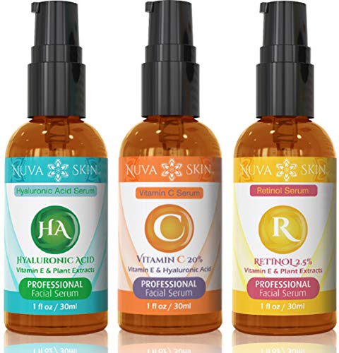 Nuva Skin Facial Serums - Vitamin C Serum, Retinol Serum & Hyaluronic Acid Serum - All-Natural Skin Treatment & Anti-Aging Serums, Pack of 3