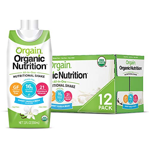 Orgain Organic Nutritional Shake, Sweet Vanilla Bean - Meal Replacement, 16g Protein, 21 Vitamins & Minerals, Gluten Free, Soy Free, Kosher, Non-GMO, 11 Ounce, 12 Count (Packaging May Vary)