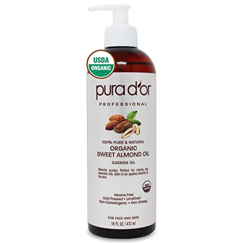 PURA D'OR Organic Sweet Almond Oil (16oz) Certified Organic 100% Pure & Natural Hexane Free Soothing Vitamin E Oil for Skin & Face, Facial Polish, Full Body, Massages, DIY Base (Packaging may vary)