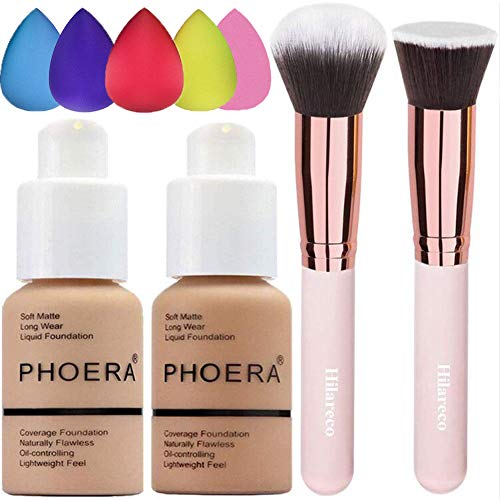 Phoera Foundation 104 and 105,Hilareco Full Coverage Foundation Set, Foundation Brush Powder Brush,5 Sponge Makeup,Flawless 30ml Natural Matte Oil Control (Buff Beige #104)(Sand #105)