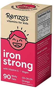 Renzo's Iron Strong, Dissolvable Vegan Vitamins for Kids, Zero Sugar, Oh-Oh-Oh Orange Flavor, 90 Melty Tabs