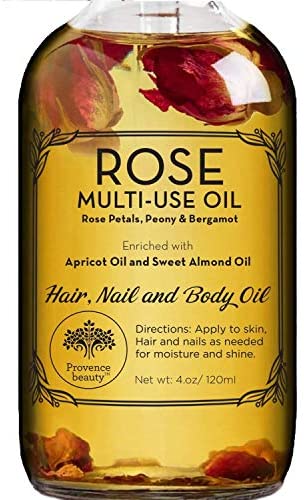 Rose Multi-Use Oil for Face, Body and Hair - Organic Blend of Apricot, Vitamin E and Sweet Almond Oil Moisturizer for Dry Skin, Scalp and Nails - Rose Petals, and Bergamot Essential Oil - 4 Fl Oz