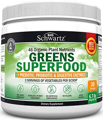 Super Greens Powder - 3 Servings of Veggies per Scoop | 45+ Organic Green Superfoods (Alfalfa, Chlorella, Spirulina & More) + Digestive Enzymes - Keto Friendly Vegan Supplement