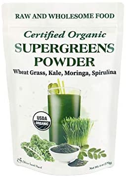 Supergreens Superfood Powder (Wheat Grass, Kale, Moringa, Spirulina), 34 Servings, Organic (6 oz)