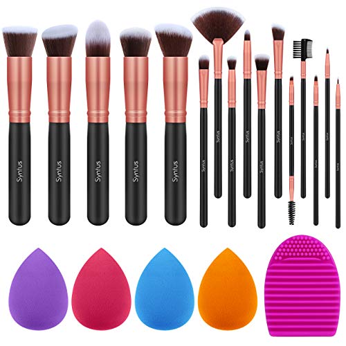 Syntus Makeup Brush Set, 16 Makeup Brushes & 4 Blender Sponge & 1 Brush Cleaner Premium Synthetic Foundation Powder Kabuki Blush Concealer Eye Shadow Makeup Brush Kit, Black Golden