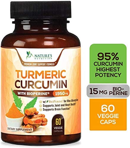 Turmeric Curcumin Highest Potency 95% Curcuminoids 1950mg with BioPerine Black Pepper for Ultra High Absorption, Made in USA, Best Vegan Joint Support Pills by Natures Nutrition - 60 Capsules