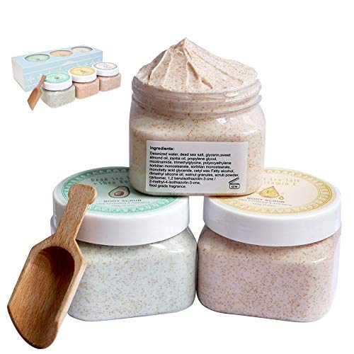 Ultra Exfoliating & Cleanse Body Scrub Gift Set, 3 Pack Natural Dead Sea Salt Body Scrub, Anti-aging & Whitening & Hydrating Body Scrub with Free Bonus Wooden Spoon