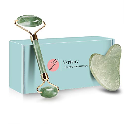 Ysrisny Jade Roller for Face and Gua Sha Set Face Roller Natural Jade Stone for Anti Aging,Eye Puffiness Wrinkles,Skincare Massage Tools for Face Eyes