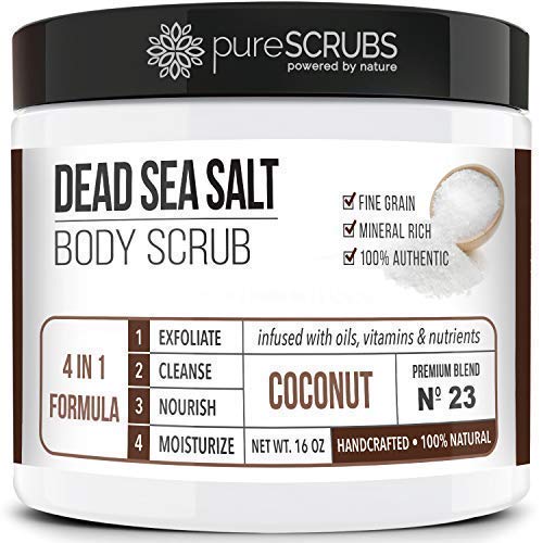 pureSCRUBS Premium Organic Body Scrub Set - Large 16oz COCONUT BODY SCRUB - Dead Sea Salt Infused Organic Essential Oils & Nutrients INCLUDES Wooden Spoon, Loofah & Mini Organic Exfoliating Bar