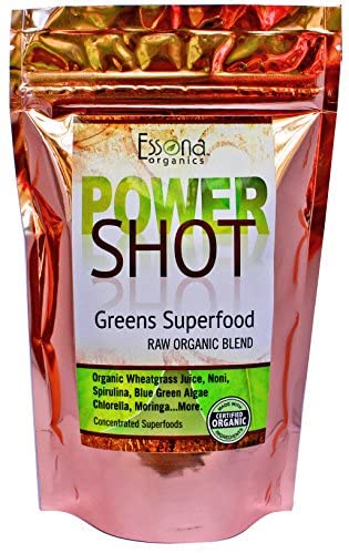 100% Pure - RAW Organic Vegan - Power Shot Greens Superfood Blend - Spirulina, Chlorella, Wheat Grass, Blue-Green Algae, Moringa + - 60 Servings from Essona Organics, Powder - 180 GMS. Order Today!