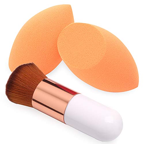 BAIMEI Makeup Sponges with Kabuki Foundation Brush, Latex-Free, Dry or Wet Dual Use, Professional Blender Beauty Sponge for Powder, Cream and Liquid Foundation Application (2 Sponges + 1 Brush)