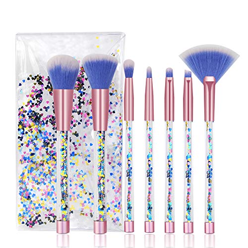 Cute Makeup Brush Set 7PCS, Professional Make Up Brushes Quicksand Sequins Acrylic Handle Eye Shadow Blending Concealer Face Fan Special Blue Cosmetic Brush for Girl