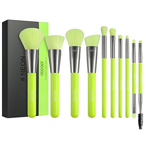 Docolor Makeup Brushes 10 Piece Neon Green Makeup Brush Set Premium Synthetic Kabuki Foundation Blending Face Powder Mineral Eyeshadow Make Up Brushes Set