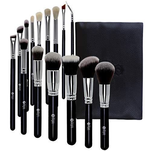 FEIYAN Makeup Brush Set Professional Luxury Super Soft Bristles Makeup Brushes with Kabuki Face Powder Foundation Blush Eyeshadow Blending Cosmetics Make Up Brushes Kit (15pcs Black Silver)