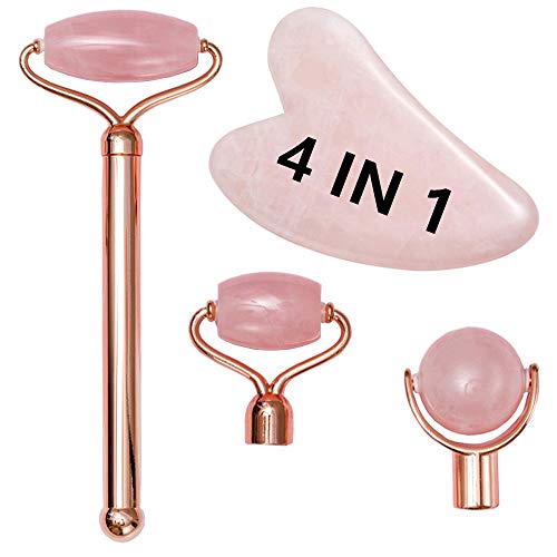 Facial Roller，4 in 1 Rose Quartz Facial Jade Roller & Massager, 4 Changeable heads Facial Skin Care Tools for Face Roller, Eye, Neck, Body