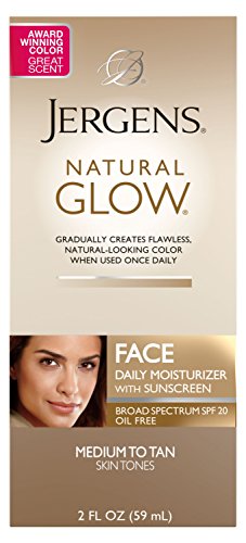 Jergens Natural Glow Oil-free SPF 20 Face Moisturizer, Self Tanner, Medium to Tan Skin Tone Sunless Tanning, 2 Ounce Daily Facial Sunscreen, featuring Broad Spectrum Protection across UVA and UVB