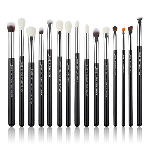 Jessup 15Pcs Professional Makeup Brushes Set Make up Brush Tools kit Cosmetics Tools Eye Liner Shader Wood Handle Natural-synthetic Hair Brushes Pearl Black/Silver T177