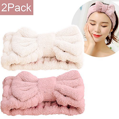 Jseng Microfiber Bowtie Women Beauty Headbands, Extrame Soft & Ultra Absorbent, Comfort to Wash Makeup Shower Facial Skincare Spa Thick Hair Band for Girls (Beige+Pink)