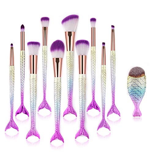 Makeup Brush Set 11pcs, Premium Synthetic Mermaid Make Up Brushes for Blush Highlight Concealer Fan Cute Cosmetic Brushes Collection