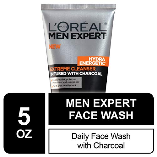 Mens Face Wash, Beard and Skincare for Men, L'Oreal Paris Skincare Men Expert Hydra Energetic Facial Cleanser with Charcoal for Daily Face Washing, 5 fl. Oz