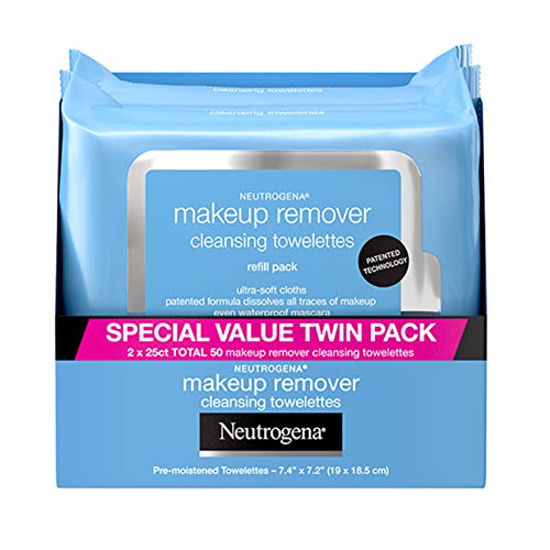 Neutrogena Makeup Remover Cleansing Face Wipes, Daily Cleansing Facial Towelettes to Remove Waterproof Makeup and Mascara, Alcohol-Free, Value Twin Pack, 25 count, 2 Pack