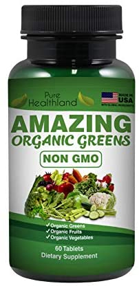 Non-GMO Amazing Organic Greens Superfood Supplement Tablets – 29 Organic Fruits & Vegetables for Dietary Health - Made in USA