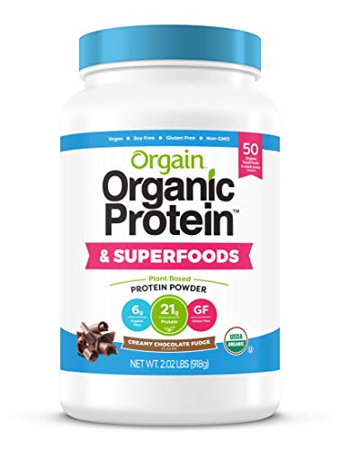 Orgain Organic Plant Based Protein + Superfoods Powder, Creamy Chocolate Fudge - Vegan, Non Dairy, Lactose Free, No Sugar Added, Gluten Free, Soy Free, Non-GMO, 32 Ounce