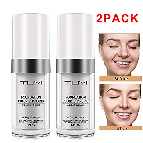 TLM Colour Changing Foundation, Flawless Color Changing Foundation Makeup Base Moisturizing Liquid Foundation for Women Girls SPF15, Sunscreen, Non-greasy, Non-marking, Long lasting(2Pack)