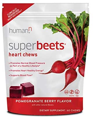 HumanN SuperBeets Heart Chews | Grape Seed Extract and Non-GMO Beet Powder Helps Support Healthy Circulation, Blood Pressure, and Energy, Super Beets Pomegranate-Berry Flavor, 60-Count