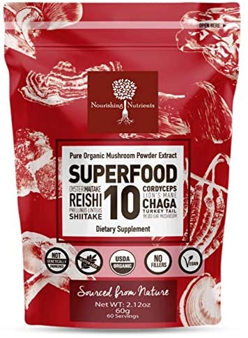 Organic Mushroom Powder Extract -Superfood 10 Supplement 14x Stronger 100% Pure USDA Immunity Booster- Reishi, Chaga, Cordyceps, Shiitake, Lions Mane, Turkey Tail and More. Add to Coffee/Tea 60 Grams