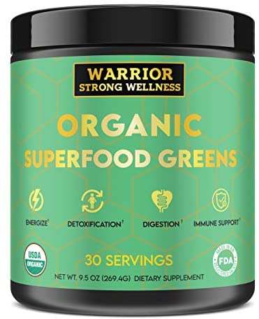 Organic Superfood Greens Powder by Warrior Strong Wellness Detoxing Energizing Immune Digestive Support USDA Certified Organic Vegan Unflavored 9.5 oz 3rd Party Tested WSW